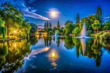 Wall Mural - Captivating Low Light Photography of a Serene Tour d'Eau, Showcasing the Tranquil Reflection of Water Under the Moonlight with Lush Surroundings in a Peaceful Atmosphere