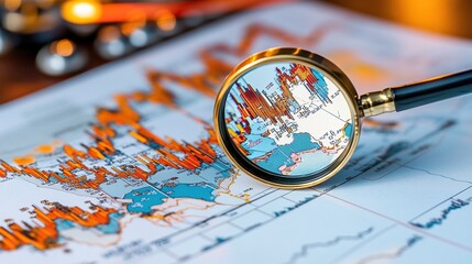 Poster - A magnifying glass focuses on a colorful data chart with rising trends.