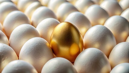 Wall Mural - Captivating Macro Photography of a Background Featuring Many White Eggs with One Striking Gold Egg, Perfect for Celebrating Uniqueness and Luxury in Nature's Palette