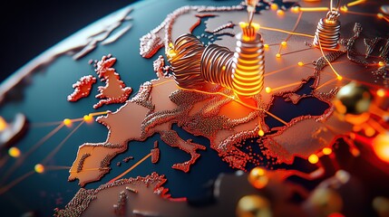 Poster - A detailed representation of Europe with interconnected circuits and nodes.
