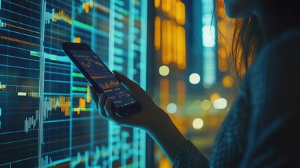 Aufkleber - A person checking stock market data on a smartphone against a digital display.