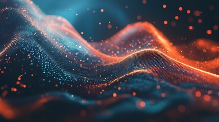 Poster - Abstract digital waves with glowing particles in blue and orange hues.