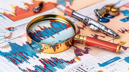 Poster - A magnifying glass over financial charts and a pen, indicating analysis.