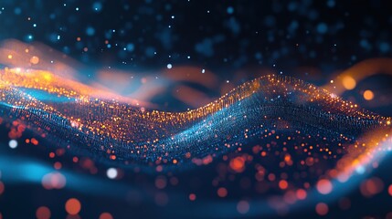 Poster - Abstract wave of glowing particles in a digital landscape.