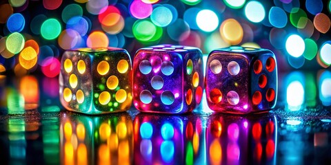 Wall Mural - Captivating Night Photography of Colorful Three-Color Dice on a Dark Surface with Soft Glowing Light and Reflections for an Enigmatic Atmosphere