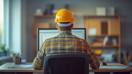 Aufkleber - Person in a hard hat working at a computer in an office setting.