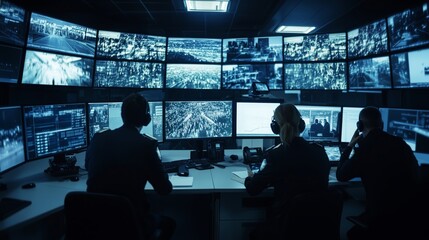 Poster - security guards monitor cctv feeds in a high-tech control room, focused on safety and vigilance.
