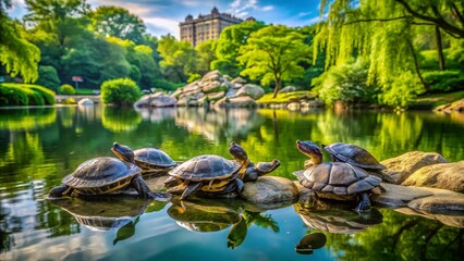 Wall Mural - Captivating Product Photography of Turtles in Central Park Lake Showcasing Nature's Serenity and Urban Wildlife in a Tranquil Setting Under Bright Sunlight