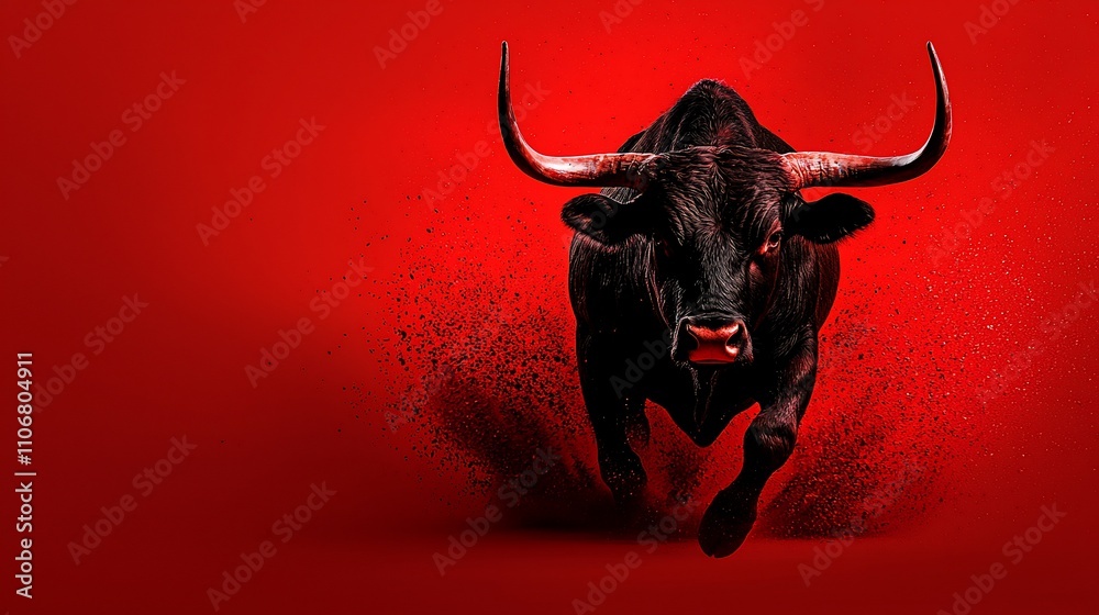 Powerful black bull charging forward on a red background, with dark ...