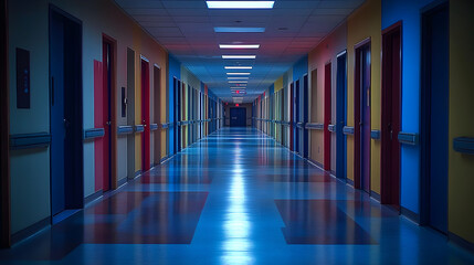  Empty hospital corridor with fluorescent lights and closed doors.