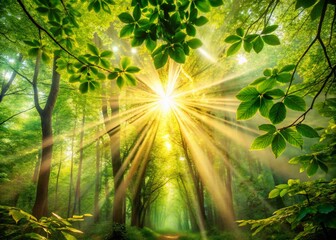 Poster - Captivating Sunburst Nature Background Featuring Radiant Sunlight Filtering Through Lush Green Leaves, Creating a Magical Atmosphere in a Serene Outdoor Setting