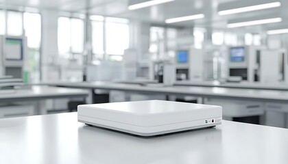 Poster - Modern technological workspace featuring a sleek white device on a clean table, emphasizing innovation and design.