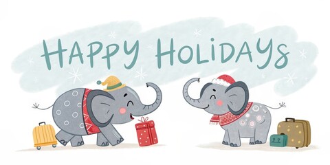 Sticker - cute cartoon elephant with happy holidays