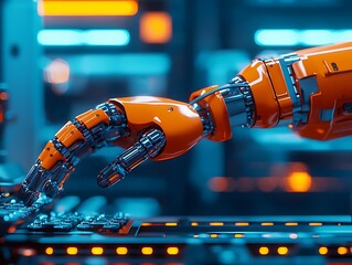 Poster - A futuristic robotic arm interacting with a control panel, showcasing advanced technology and automation.