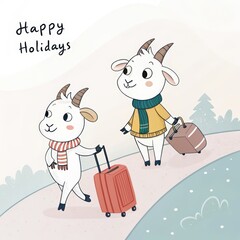 Sticker - cute cartoon goat with happy holidays