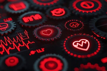 Poster - Close-up of glowing gears with health and data icons in vibrant red, symbolizing innovation and technology fusion.
