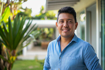 Hispanic male adult smiling outdoors near a modern home