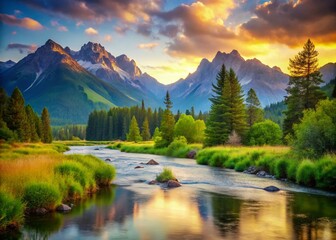 Poster - Captivating View of Nature: A Serene Landscape with Mountains, Lush Greenery, and a Tranquil River, Perfectly Composed Using the Rule of Thirds for a Stunning Visual Experience