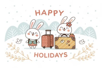 Sticker - cute cartoon rabbit  with happy holidays background