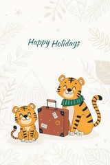 Sticker - cute cartoon tiger with happy holidays background