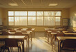 © Nim - An empty school classroom with sunlight streaming through the windows.
