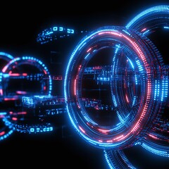 Poster - abstract futuristic 3d visual of glowing neon circles in blue and red technology design representati