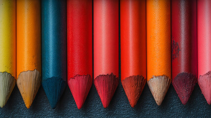 Poster - A row of colored pencils with the red ones in the middle. The pencils are lined up in a row, with the blue pencils on the left and the yellow pencils on the right