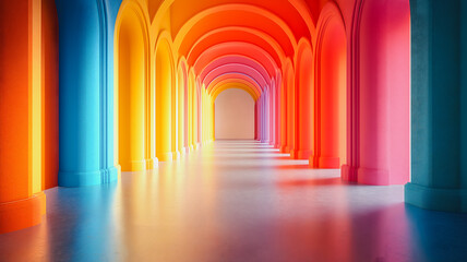 Poster - A long hallway with colorful pillars and a rainbow arch. The colors are bright and vibrant, creating a sense of energy and excitement. The archway adds a sense of grandeur and elegance to the space