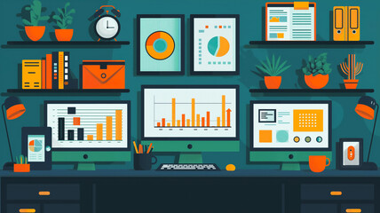 Poster - A computer desk with a large monitor and two smaller monitors, a clock, and a potted plant