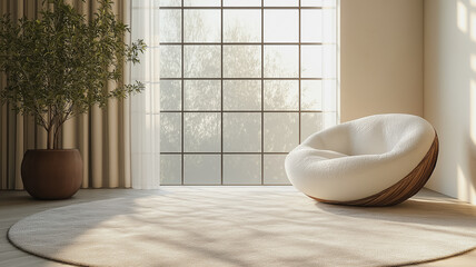 Poster - A white chair sits in front of a window with a view of trees. The room is empty and has a minimalist feel