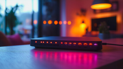 Poster - A black network router with a red light on it