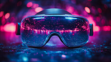 Aufkleber - A pair of virtual reality goggles with a blue tint. The goggles are on a dark surface with a purple hue
