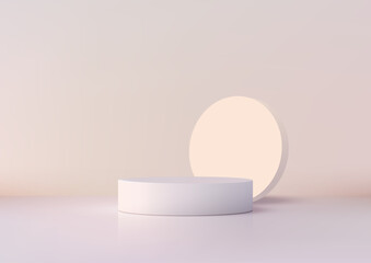 Poster - 3D White Cylinder Podium with Glowing Peach Circle Background for Modern Product Display and Mockup Showcase