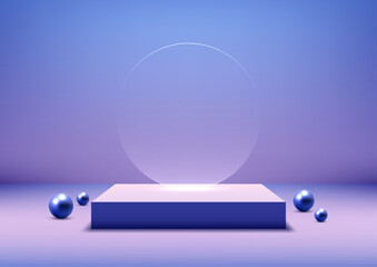 Poster - 3D blue podium with white top and transparent circular frame on a vibrant blue background for modern product display or creative mockup design showcase