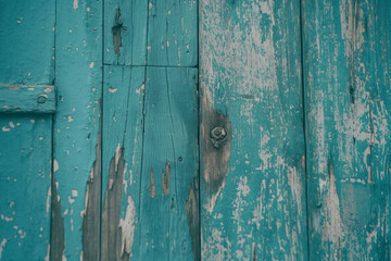 Wall Mural - Weathered turquoise wooden texture with peeling paint for rustic backgrounds