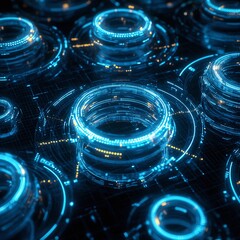 Poster - Futuristic Abstract Digital Circles with Glowing Lights and High-Tech Style in Dark Background