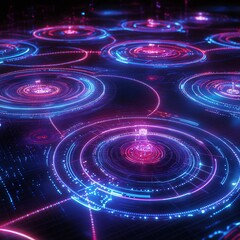 Aufkleber - Futuristic Abstract Digital Landscape with Glowing Circles and Neon Lights in Blue and Pink Tones