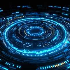 Poster - Futuristic Circular Digital Design with Glowing Lines and Data Elements in Blue and Yellow Colors