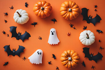 Wall Mural - Halloween holiday frame with party decorations of pumpkins, bats, ghosts on orange background top view. Happy halloween greeting card in flat lay style.