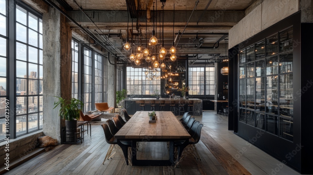 An open-plan industrial dining room with exposed concrete walls, black steel beams, a reclaimed wood dining table surrounded by modern chairs, Edison bulb chandeliers, and a view of an urban cityscape