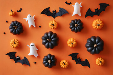 Wall Mural - Halloween holiday frame with party decorations of pumpkins, bats, ghosts on orange background top view. Happy halloween greeting card in flat lay style.