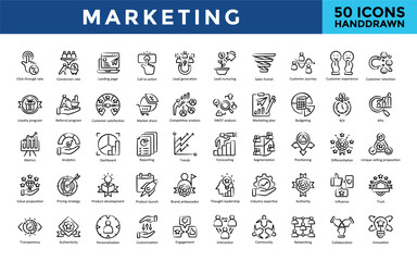 Wall Mural - Marketing icon set with budgeting, roi, kpis, metrics, analytics, dashboard, reporting, trends, forecasting, segmentation, positioning, differentiation icon. Simple handdrawn vector 
