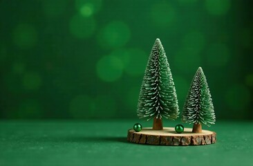 Wall Mural - on the green area there are 2 small souvenir christmas trees, without toys, on discs made of cut tre