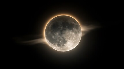 the moon surrounded by a glowing halo with faint clouds passing in front of it