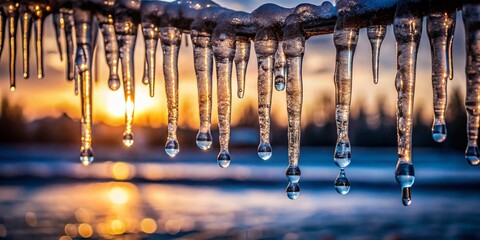 Wall Mural - Close-Up Silhouette of Icicles Dripping with Water Droplets Against a Softly Lit Background in Winter, Capturing the Beauty of Nature's Frozen Artistry