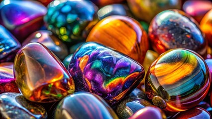 Wall Mural - Close-Up View of Multicolored Obsidian Crystal Stones on a Natural Background with Ample Copy Space for Text or Design Use in Creative Projects