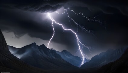 Wall Mural - Dramatic lightning bolts cut across a dark, stormy sky over a rugged mountain landscape. The bright flashes illuminate the ominous clouds and sharply defined peaks below.