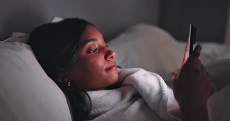 Aufkleber - night, bed and woman with smartphone for social media, scroll comment and chat with online contact. 