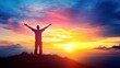 © Uliana - Silhouette of man standing on mountain top with arms raised, concept of victory, gratitude, and spiritual awakening, vibrant sunset colors, clear sky.