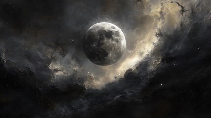 the moon framed by dramatic dark clouds with faint stars in the background